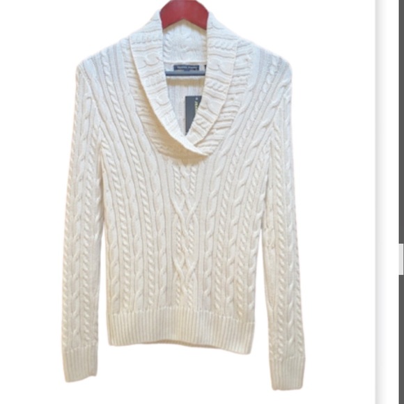 Jeanne Pierre Sweater Cable Knit Pullover Vneck Shawl collar/Sm NWT /100% cotton - Picture 1 of 17